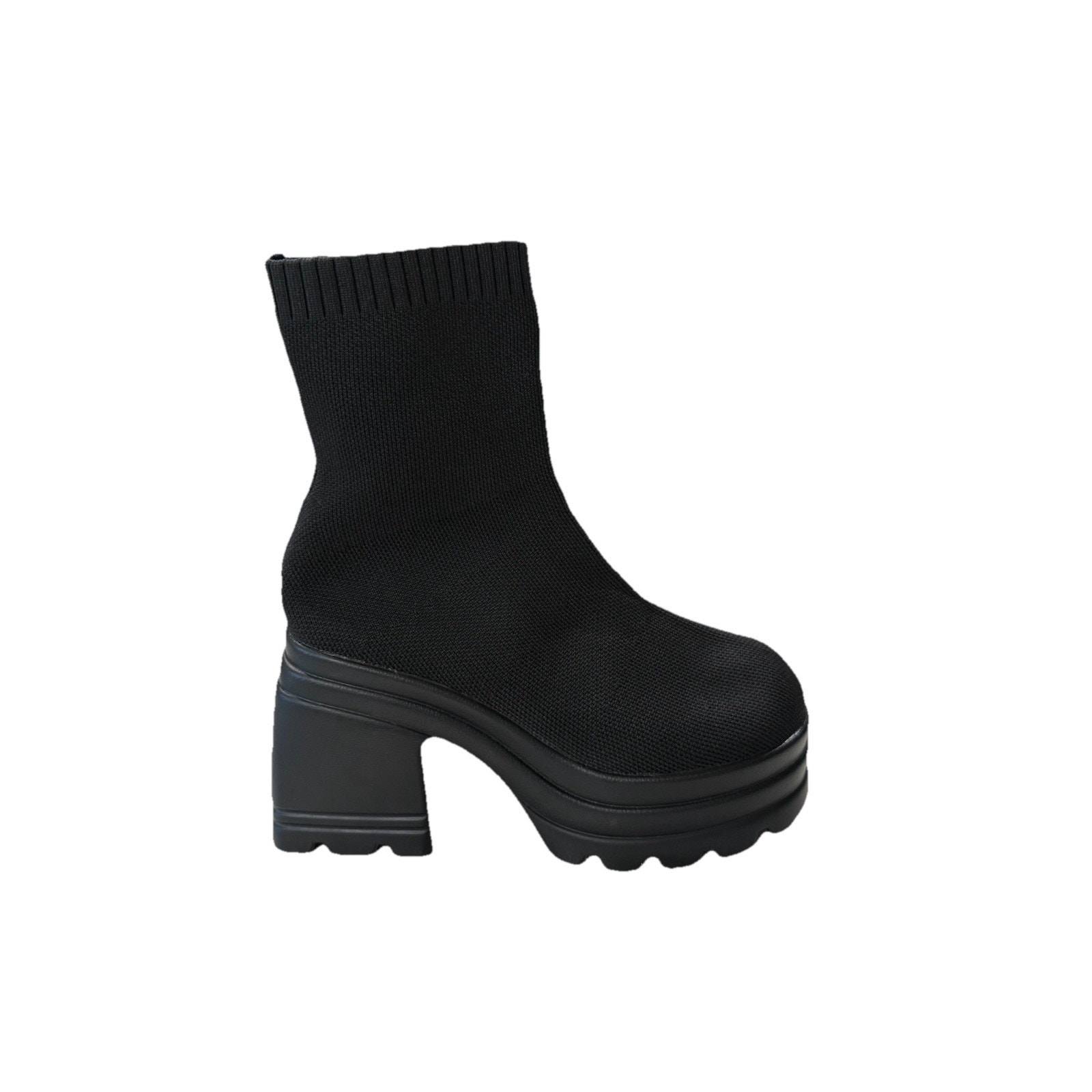 Nwob Women's Us 7.5 Chunky Block Heel Sock Boots Y2k Platform Black Mesh Knit